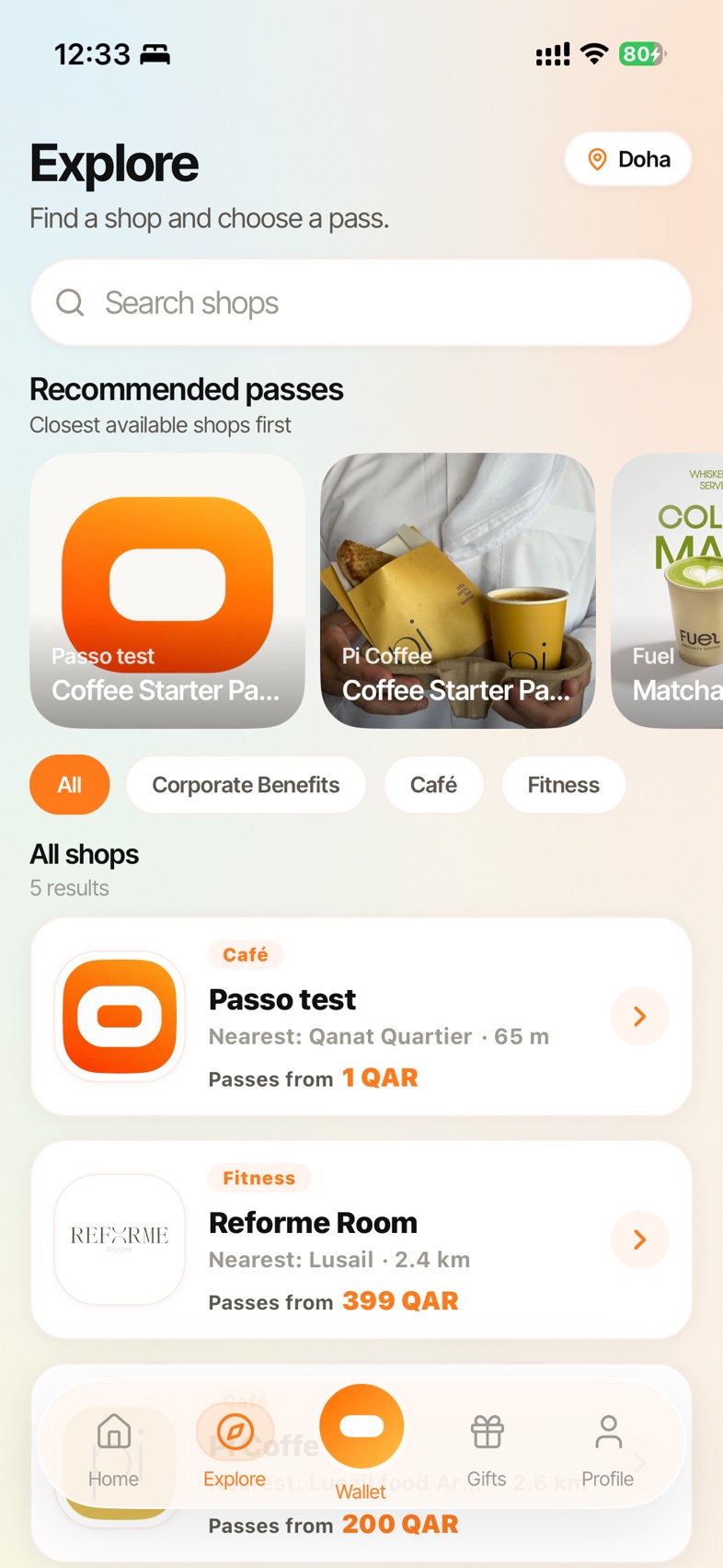 PASSO Explore marketplace with nearby shops and recommended passes